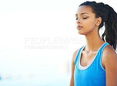Buy stock photo Woman, pool and yoga with meditation, zen and peace for wellness and fitness for workout. Girl, blue sky and  breathing exercise with mat, lotus pose and balance for spiritual health or self care