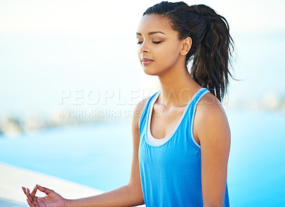 Buy stock photo Woman, yoga and meditation for fitness in outdoor for freedom of peace or wellness with breathing exercises. Relax, hand and lotus pose as sport with balance or zen for spiritual health or self care