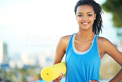 Buy stock photo Portrait, woman and mat for yoga and exercise, muscle and relax for body health and wellness. Smile, outdoors and fitness for zen and peace in nature, female athlete person and spiritual pilates
