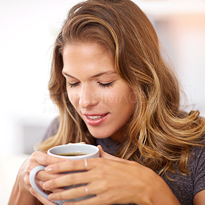 Buy stock photo Calm, woman and thinking in home with coffee for morning peace, daily routine and joy of aroma. House, relax and happy female person with warm beverage for stress relief, satisfaction and weekend