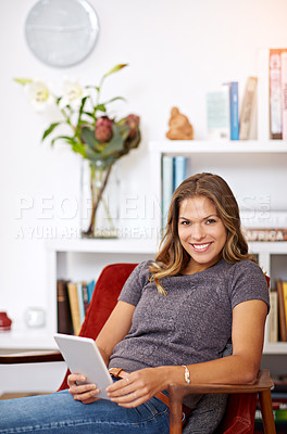 Buy stock photo Girl, portrait or tablet in home to relax on sofa with internet connection for streaming video or movie online. Smile, blog and happy woman on social media or technology for subscription on couch