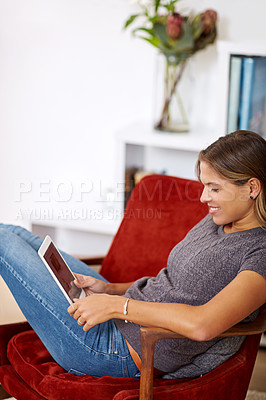 Buy stock photo Movie, streaming or woman on tablet in home to relax with internet connection for film, video or research online. Smile, blog and happy girl on social media and technology for subscription in house