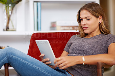 Buy stock photo Movie, streaming or woman on tablet in house to relax with internet connection for film, video or research online. Smile, blog and happy girl on social media and technology for subscription in home