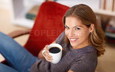 Buy stock photo Woman, portrait and smile with coffee in home for relax, wellness break at morning on chair. Female person, espresso and house with happiness or peace for wellbeing, healthy in Italy or apartment