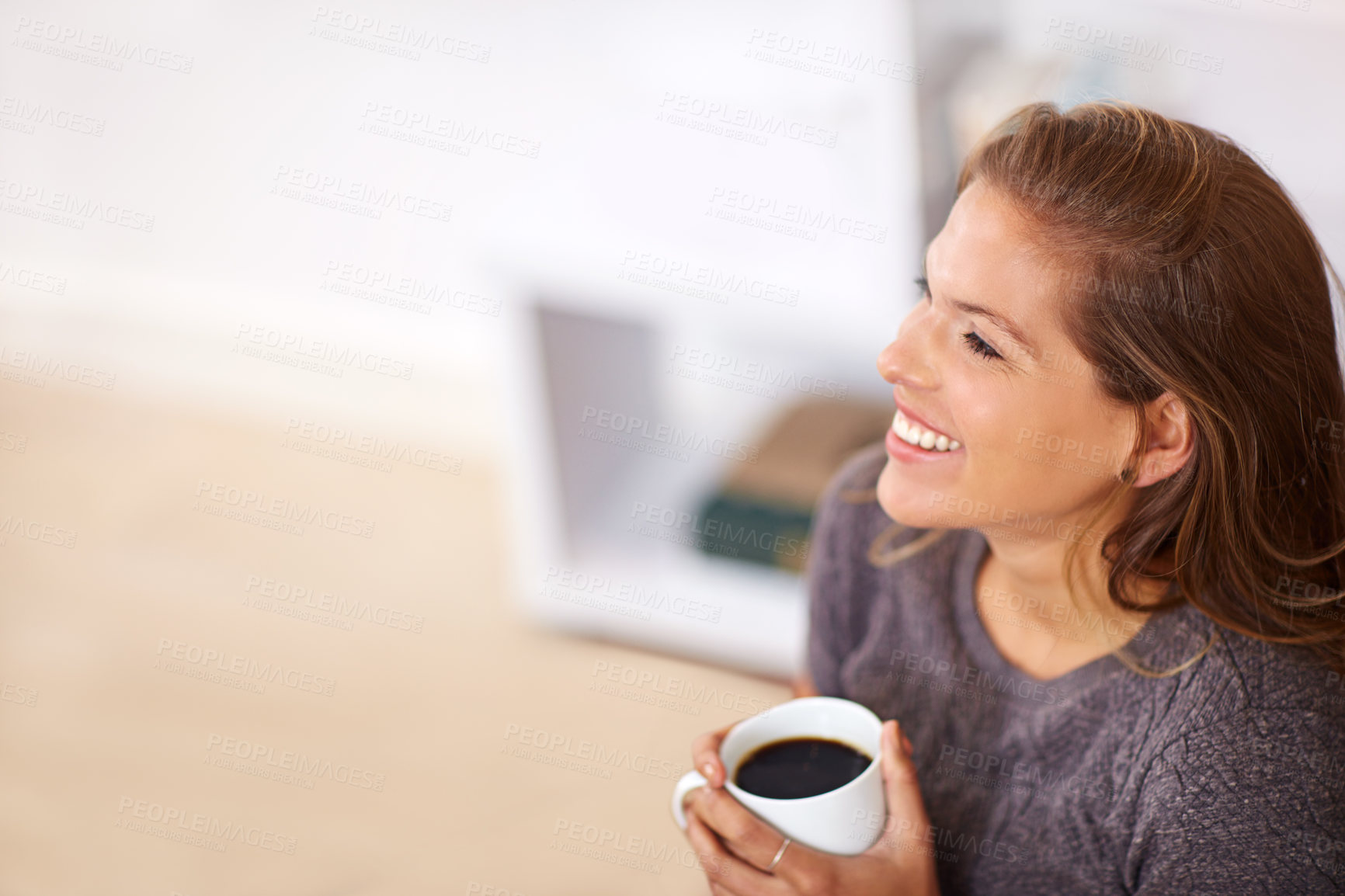 Buy stock photo Woman, happy and thinking in house with coffee for morning, holiday and vacation in summer. Home, relax and smile of female person with warm beverage for peace, idea and stress relief in high angle