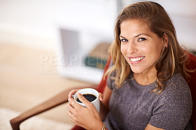 Buy stock photo Woman, relax and portrait in home with coffee for morning, vacation and stress relief in summer. House, smile and happy female person with warm beverage for holiday, peace and calm in high angle