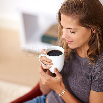Buy stock photo Woman, relax and thinking in home with coffee for morning, stress relief and holiday in summer. House, smile and happy female person with warm beverage for aroma, peace and satisfaction in high angle