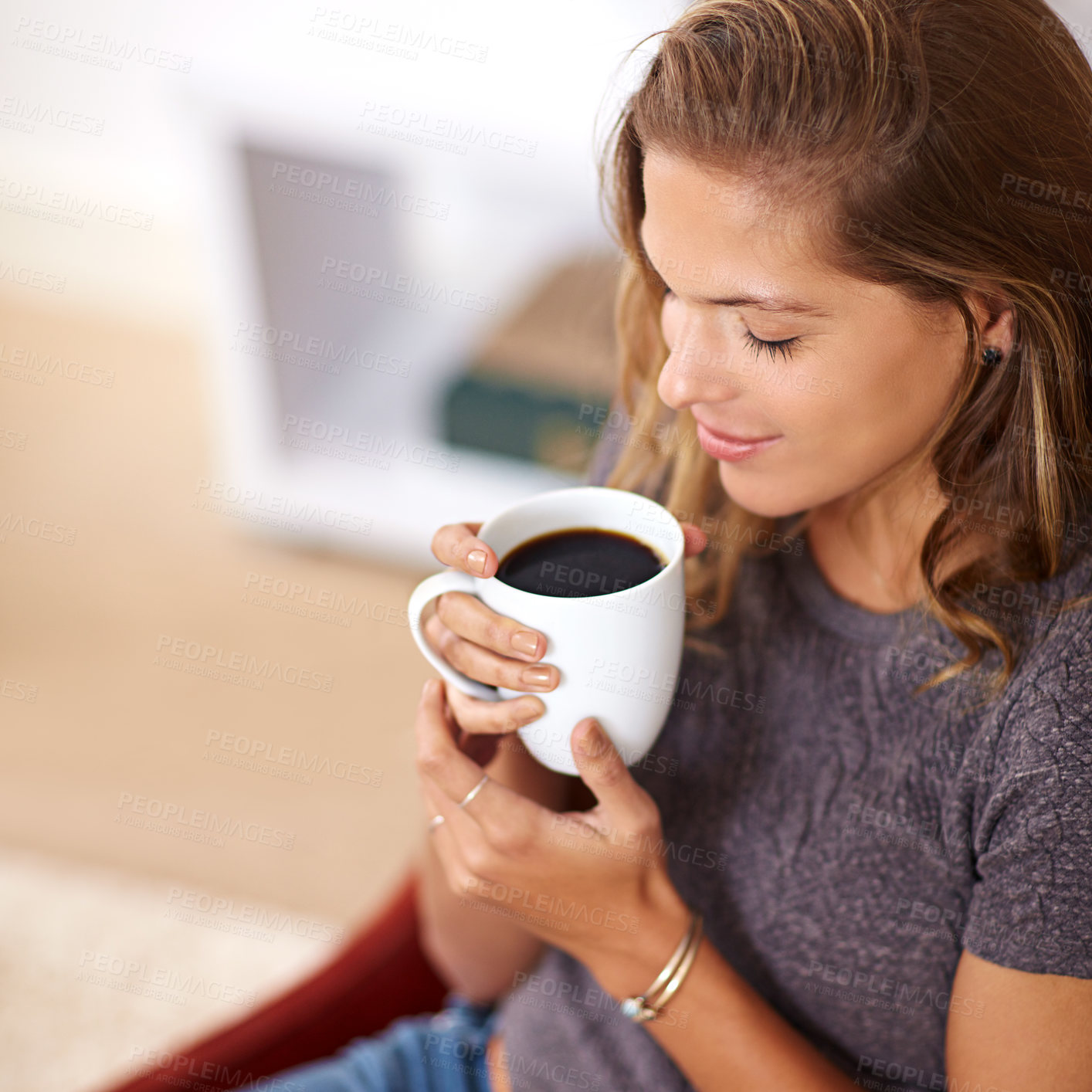Buy stock photo Woman, relax and thinking in home with coffee for morning, stress relief and holiday in summer. House, smile and happy female person with warm beverage for aroma, peace and satisfaction in high angle