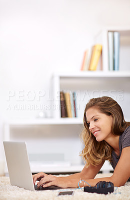 Buy stock photo Research, floor or happy woman on laptop for online course on social media app, blog or internet. College, smile or girl in home with technology for news, student project and university information