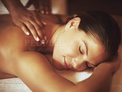 Buy stock photo Hands, relax and woman for massage in spa for wellness, pamper treatment and hospitality in resort. Peace, body session and service with masseuse on vacation, holiday and female client in Thailand
