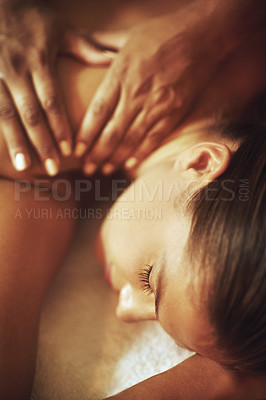 Buy stock photo Hands, massage and woman sleeping in spa for wellness, pamper treatment and hospitality. Peace, body session or luxury service with physical therapy on vacation, holiday and female client in Thailand