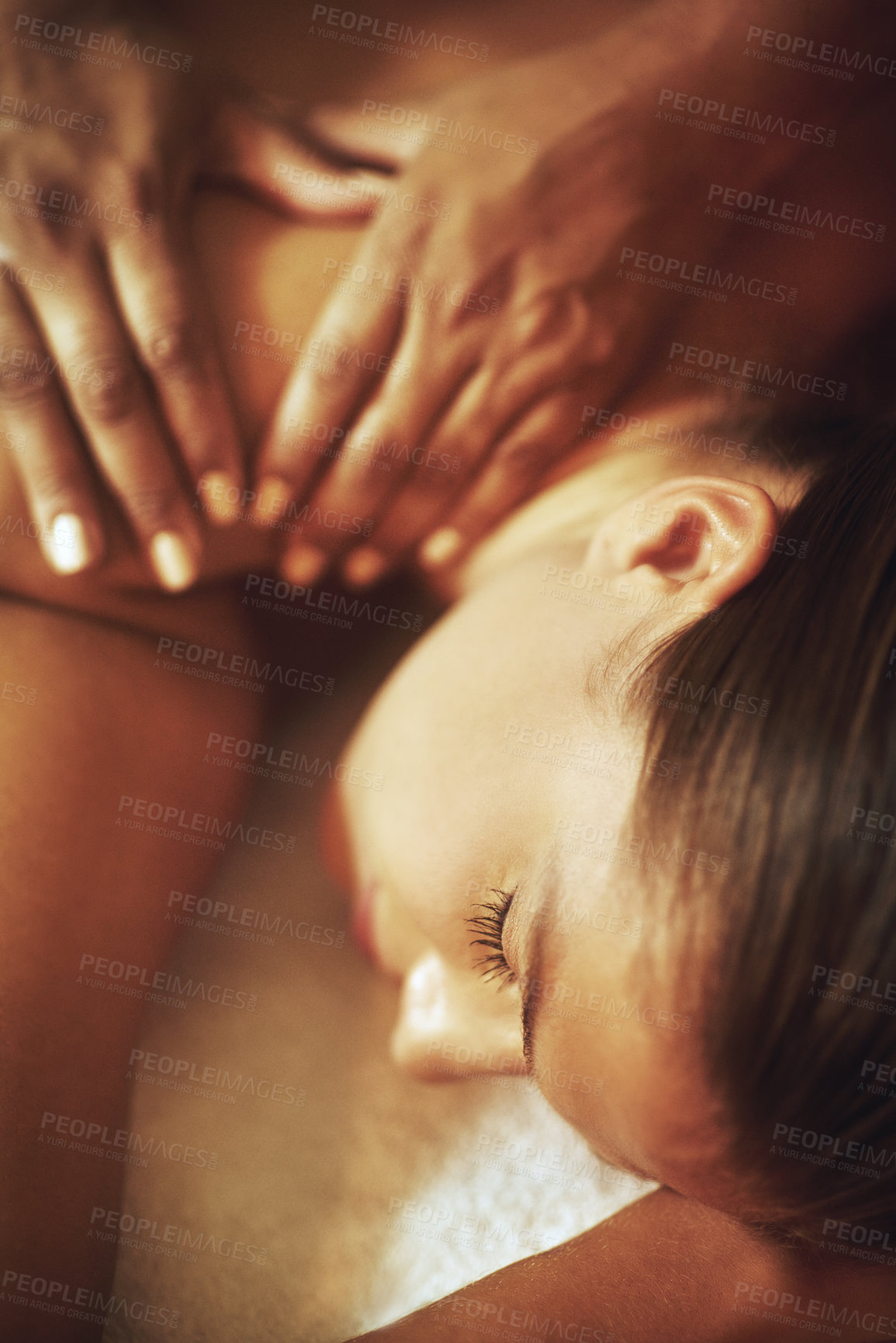 Buy stock photo Hands, massage and woman sleeping in spa for wellness, pamper treatment and hospitality. Peace, body session or luxury service with physical therapy on vacation, holiday and female client in Thailand