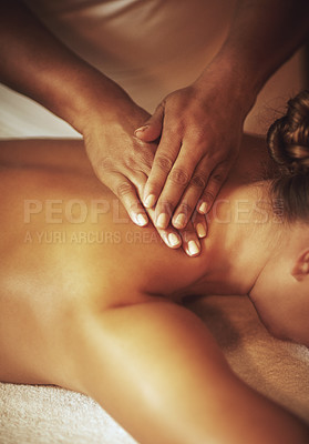 Buy stock photo Hands, back and person for massage in spa for wellness, pamper treatment and hospitality. Peace, body session and service with physical therapy on vacation, holiday and client to relax in Thailand