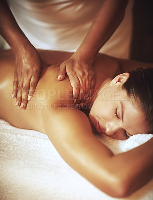 Buy stock photo Back, woman and hands for massage in spa for wellness, pamper treatment and hospitality. Peace, body session or service with physical therapy on vacation, holiday and girl client to relax in Thailand