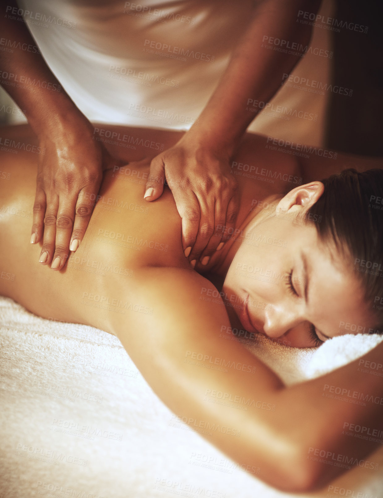 Buy stock photo Back, woman and hands for massage in spa for wellness, pamper treatment and hospitality. Peace, body session or service with physical therapy on vacation, holiday and girl client to relax in Thailand