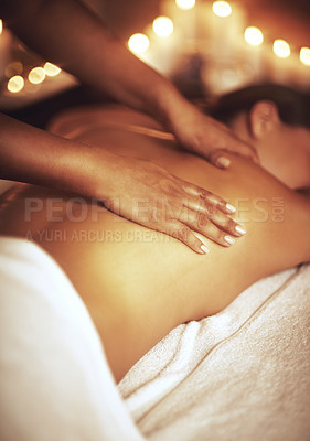 Buy stock photo Woman, back and hands for massage in spa for wellness, pamper treatment and hospitality. Peace, body session or service with physical therapy on vacation, holiday and girl client to relax in Thailand