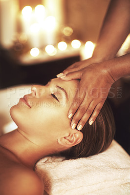 Buy stock photo Hands, girl and head massage at spa for wellness, health or relax for hospitality at resort. Masseuse, client and care for scalp, headache treatment and physical therapy for healing at luxury salon