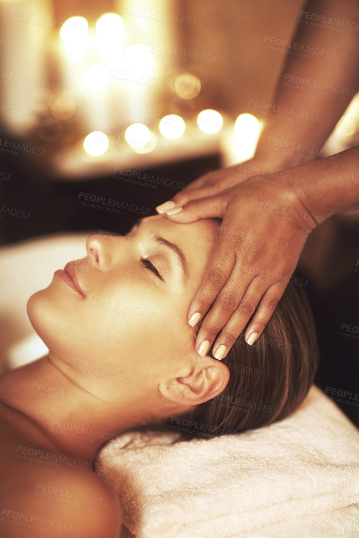 Buy stock photo Hands, girl and head massage at spa for wellness, health or relax for hospitality at resort. Masseuse, client and care for scalp, headache treatment and physical therapy for healing at luxury salon