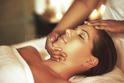 Buy stock photo Woman, relax and head massage at spa with beauty facial, peace and skincare for health healing on vacation. Female person, therapist and hands as cosmetic treatment for detox of aesthetic skin glow