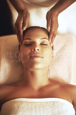 Buy stock photo Relax, head massage and masseuse with woman at spa for luxury, calm and health pamper routine. Beauty, aromatherapy and therapist with female person for headache relief treatment at zen resort.