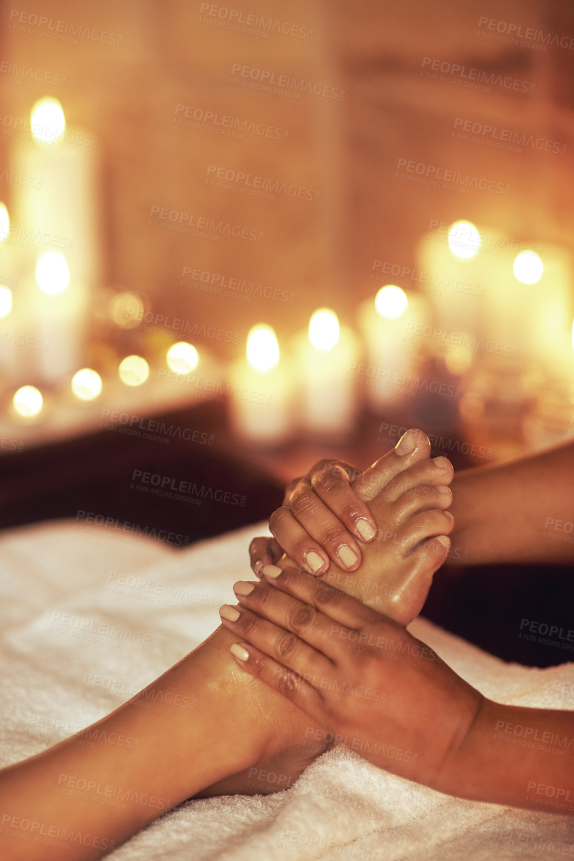Buy stock photo Hands, foot massage and masseuse with woman at spa for luxury, calm and relaxing pamper routine. Beauty, aromatherapy and therapist with female person for dry skin treatment at healing zen resort.