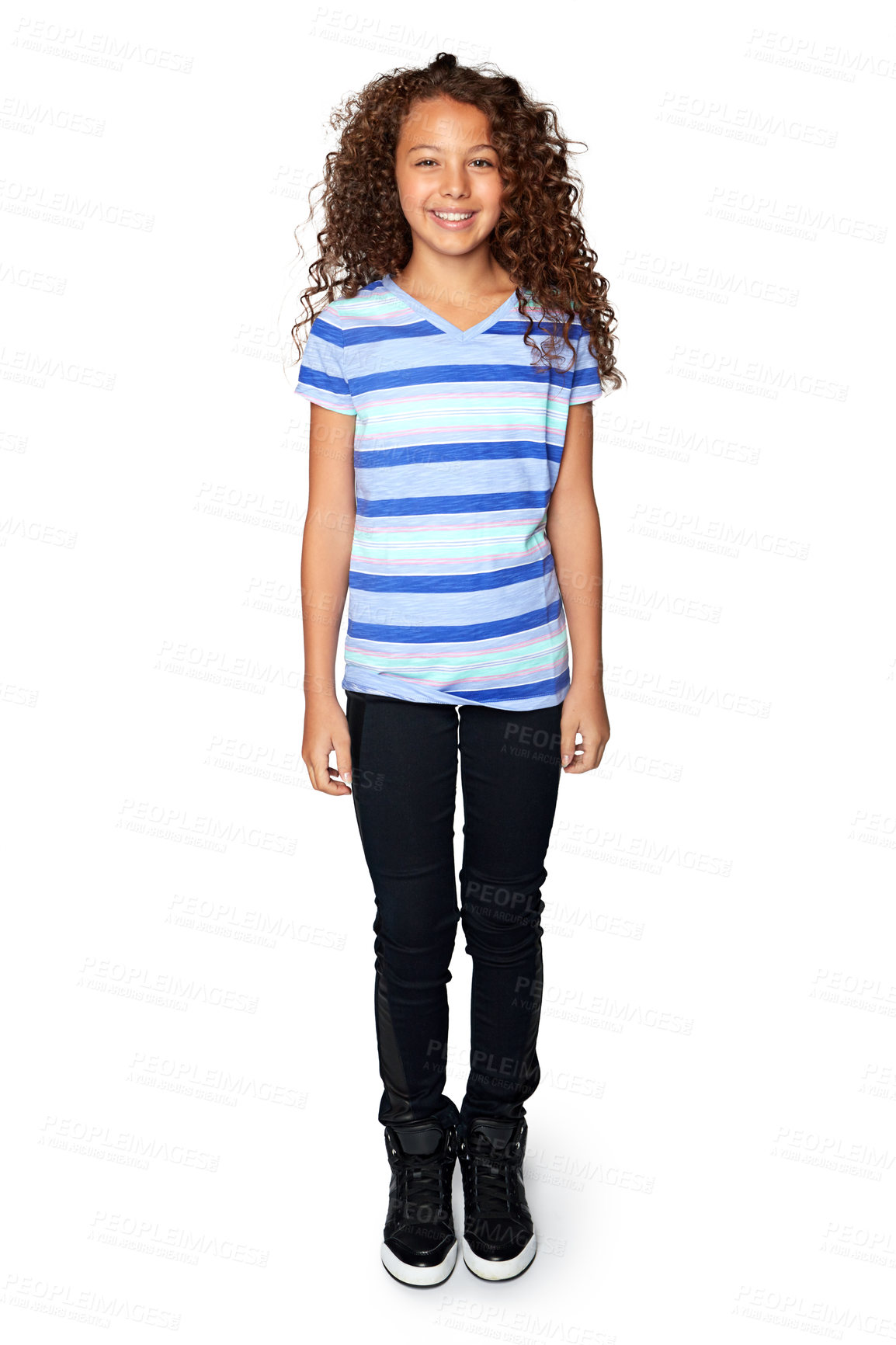 Buy stock photo Smile, fashion and portrait of girl in studio with confidence, trendy clothes and pride. Teen, growth and child model with stylish outfit for development or positive attitude on white background