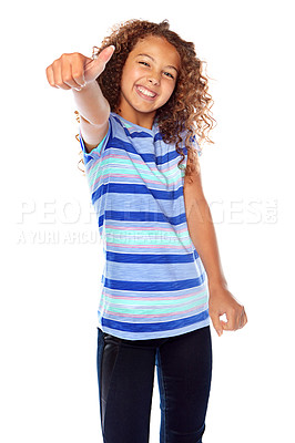 Buy stock photo Studio shot of a young girl giving a thumbs up against a white background