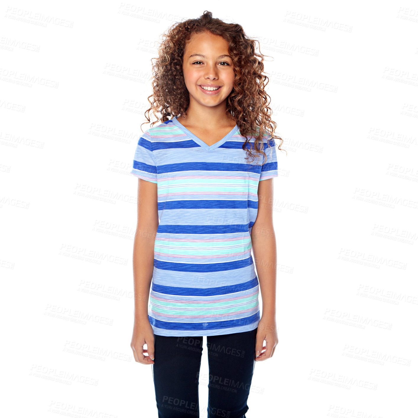 Buy stock photo Studio portrait of a young girl posing against a white background