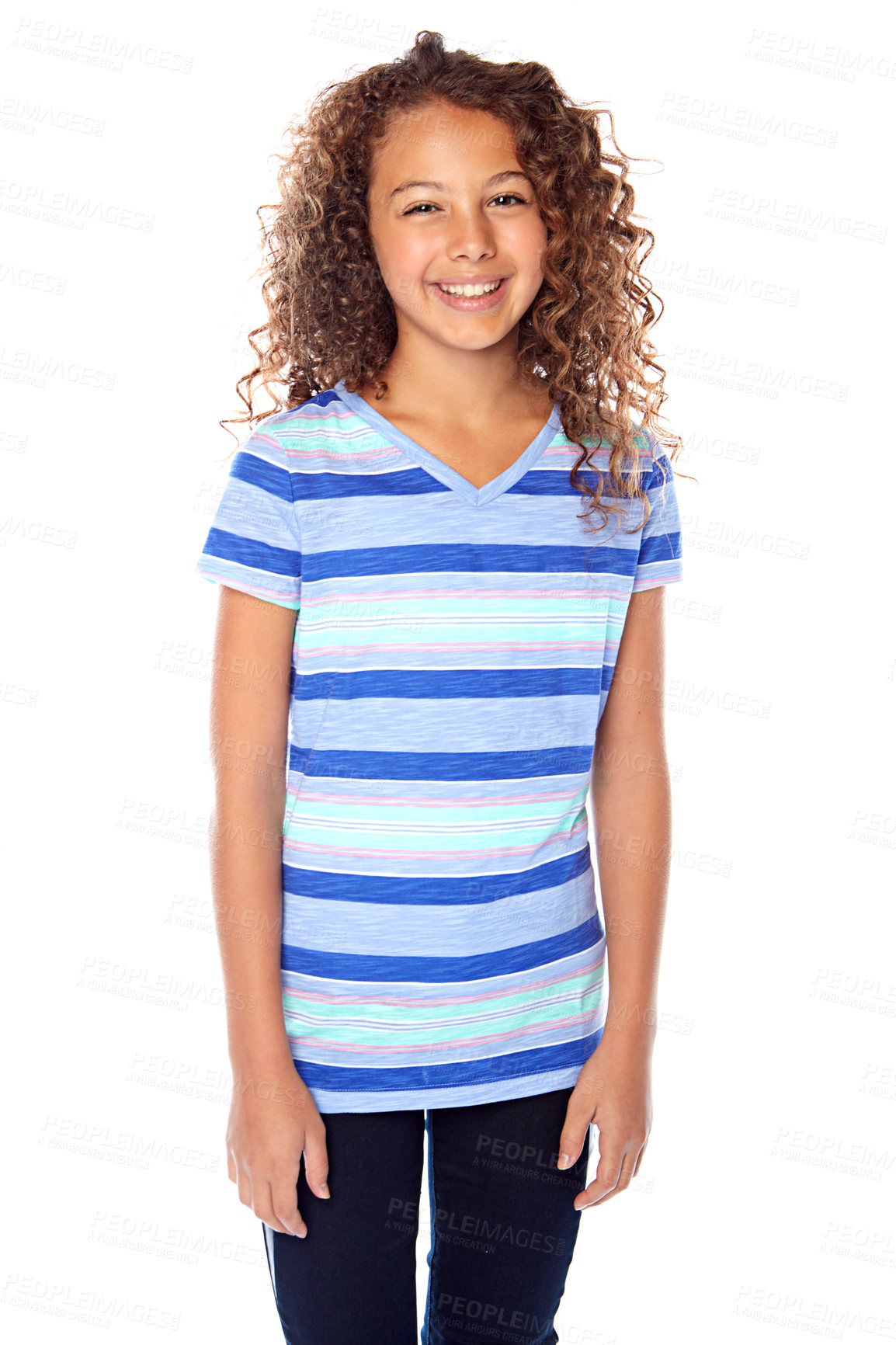 Buy stock photo Studio portrait of a young girl posing against a white background