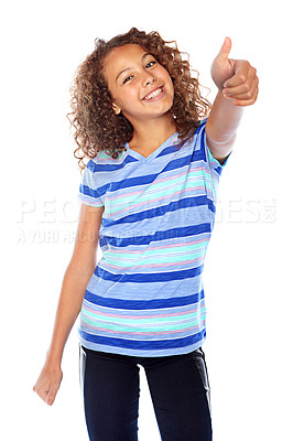 Buy stock photo Studio shot of a young girl giving a thumbs up against a white background