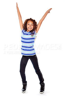 Buy stock photo Studio shot of a young girl cheering enthusiastically against a white background
