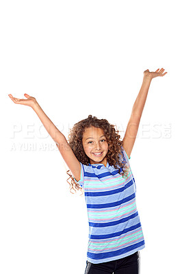 Buy stock photo Studio shot of a young girl cheering against a white background