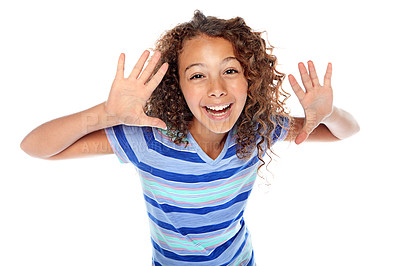 Buy stock photo Studio shot of a young girl gesturing against a white background