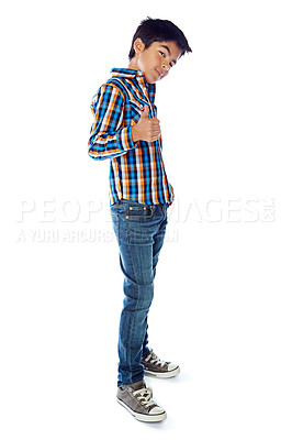 Buy stock photo Studio shot of a young boy giving a thumbs up against a white background