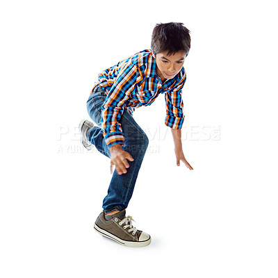 Buy stock photo Studio shot of a young boy dancing against a white background