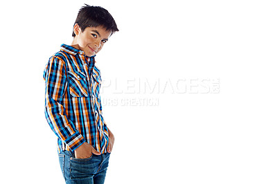 Buy stock photo Studio portrait of a young boy posing against a white background