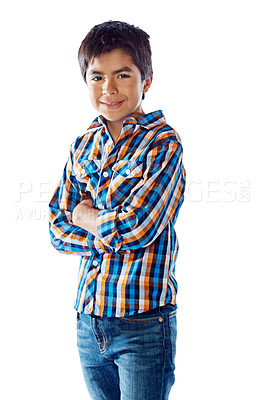 Buy stock photo Studio portrait of a young boy posing against a white background