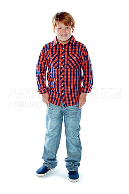 Buy stock photo Studio portrait of a young boy posing against a white background