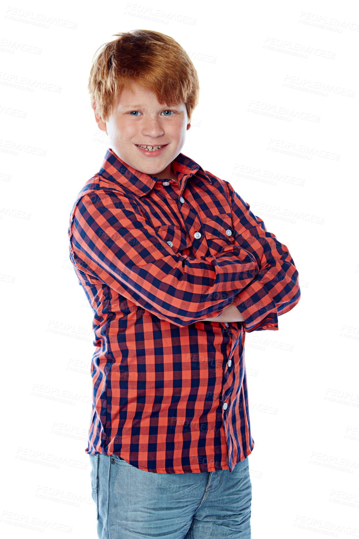 Buy stock photo Studio portrait of a young boy posing against a white background