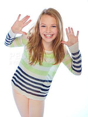 Buy stock photo Studio shot of a young girl gesturing against a white background