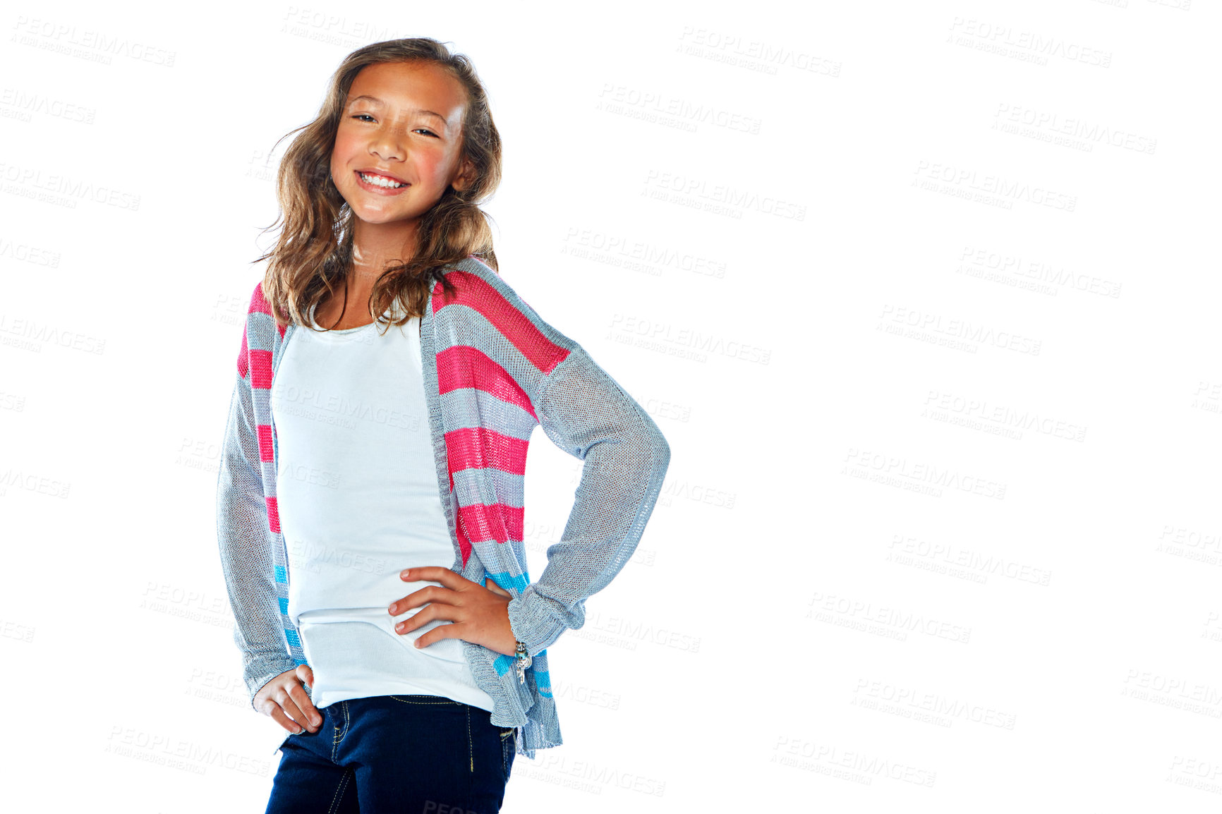 Buy stock photo Studio portrait of a young girl posing against a white background