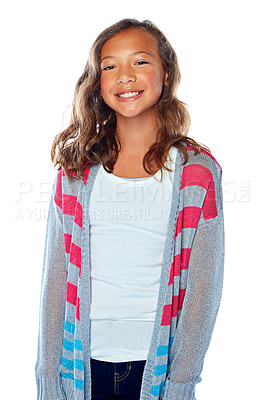 Buy stock photo Studio portrait of a young girl posing against a white background