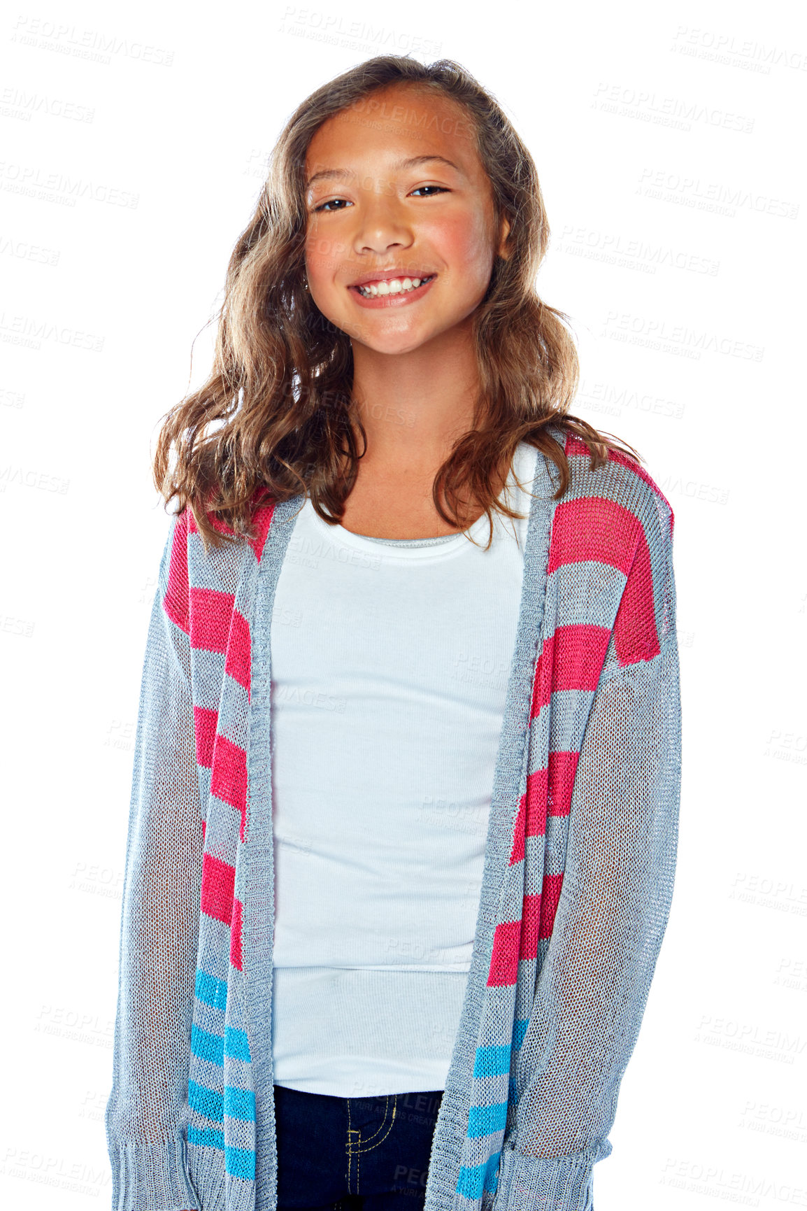 Buy stock photo Studio portrait of a young girl posing against a white background