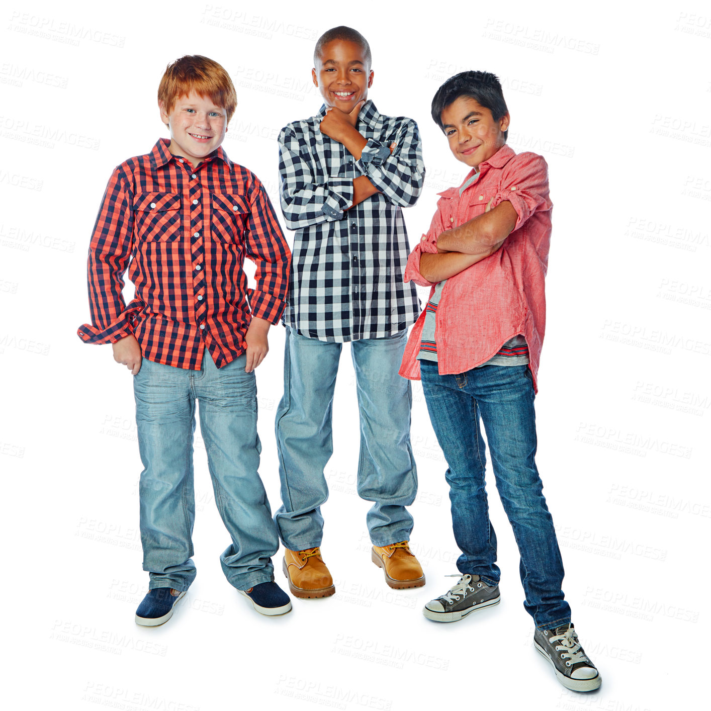 Buy stock photo Studio portrait of a group of young friends posing against a white background