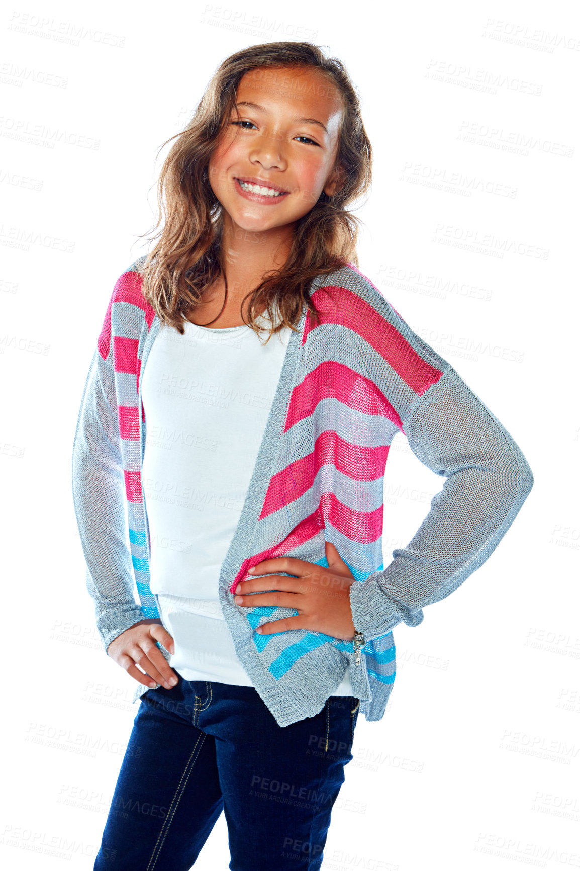 Buy stock photo Studio portrait of a young girl posing against a white background