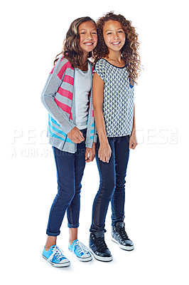 Buy stock photo Studio portrait of two best friends posing against a white background