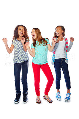 Buy stock photo Happy, kids and friends in studio with singing for fun, bonding together and music entertainment. Girls, laugh and dance with favorite album for popular song, connection or space on white background.