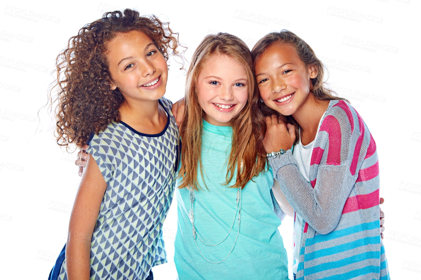 Buy stock photo Studio portrait of a group of young friends posing against a white background