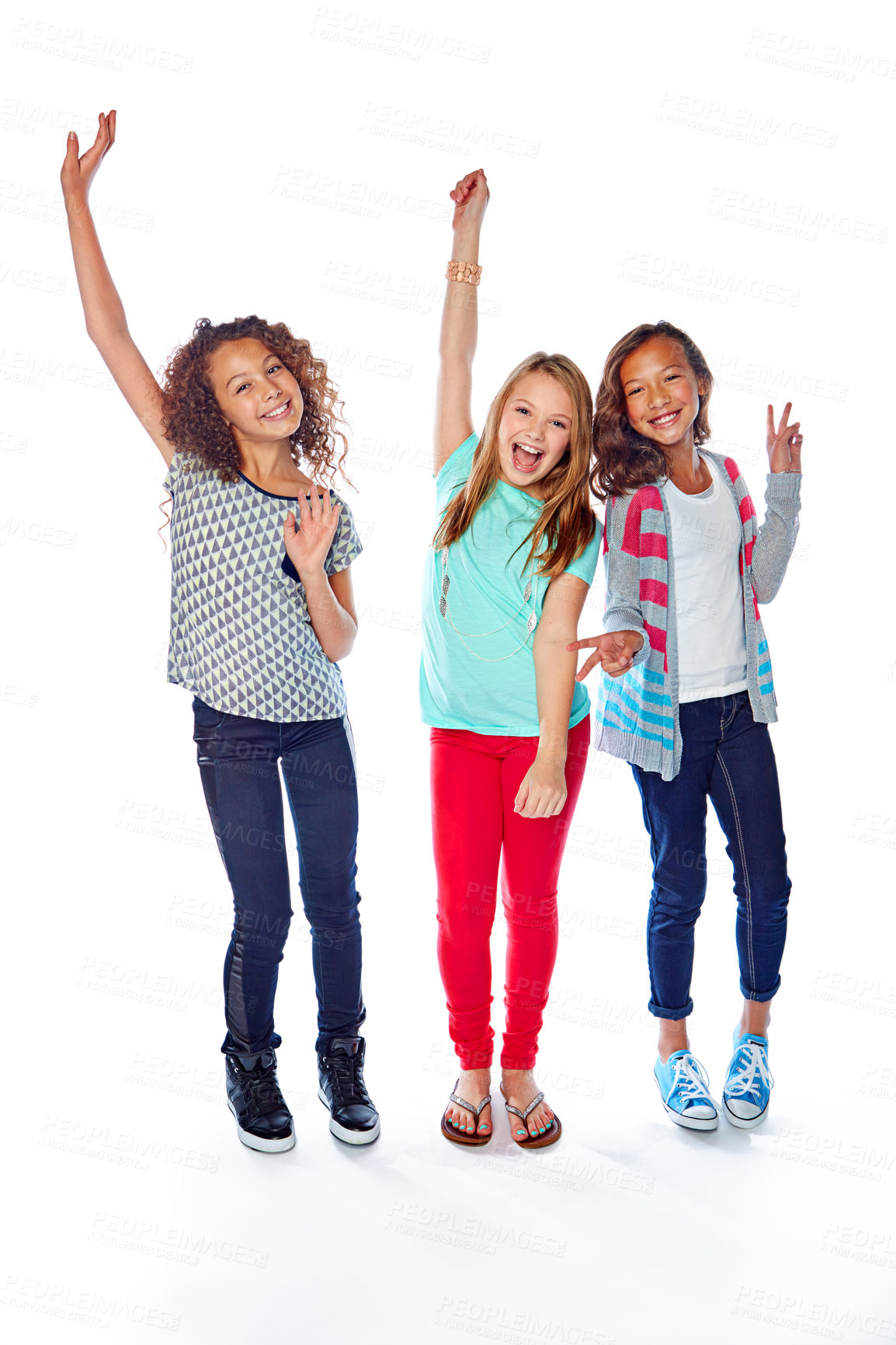 Buy stock photo Studio shot of a group of young friends having fun against a white background