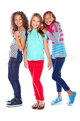 Buy stock photo Studio portrait of a group of young friends posing against a white background